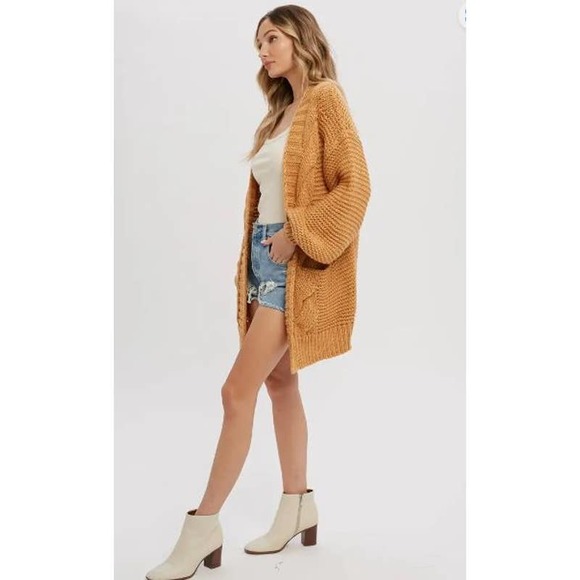 Camel Tan Chunky Cable Slouchy Lantern Sleeve Wrap Cardigan - Picture 3 of 5